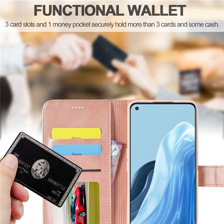 LC.IMEEKE For Oppo Reno7 5G (Global)/Find X5 Lite Textured PU Leather Stand Wallet Phone Case Folio Flip Cover - Blue