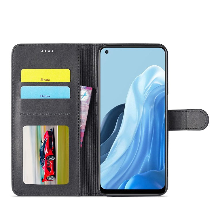 LC.IMEEKE For Oppo Reno7 5G (Global)/Find X5 Lite Textured PU Leather Stand Wallet Phone Case Folio Flip Cover - Black
