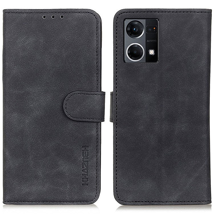 KHAZNEH For Oppo Reno7 4G/F21 Pro 4G Vintage Textured Stand Wallet Case Shockproof PU Leather Phone Cover - Black