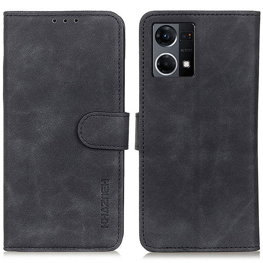 KHAZNEH For Oppo Reno7 4G/F21 Pro 4G Vintage Textured Stand Wallet Case Shockproof PU Leather Phone Cover - Black