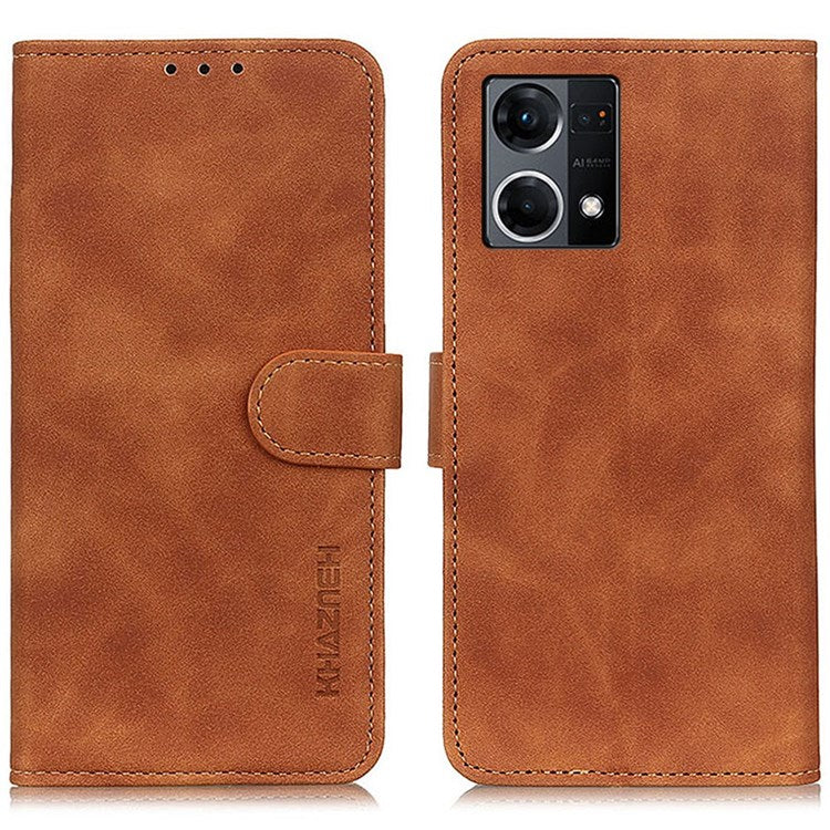 KHAZNEH For Oppo Reno7 4G/F21 Pro 4G Vintage Textured Stand Wallet Case Shockproof PU Leather Phone Cover - Brown