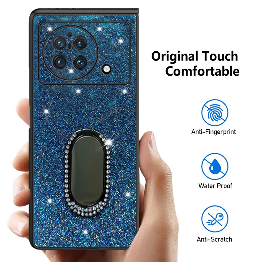 For vivo X Fold Rhinestone Decor Ring Kickstand Folding Phone Case TPU + PC Hybrid Cover - Baby Blue