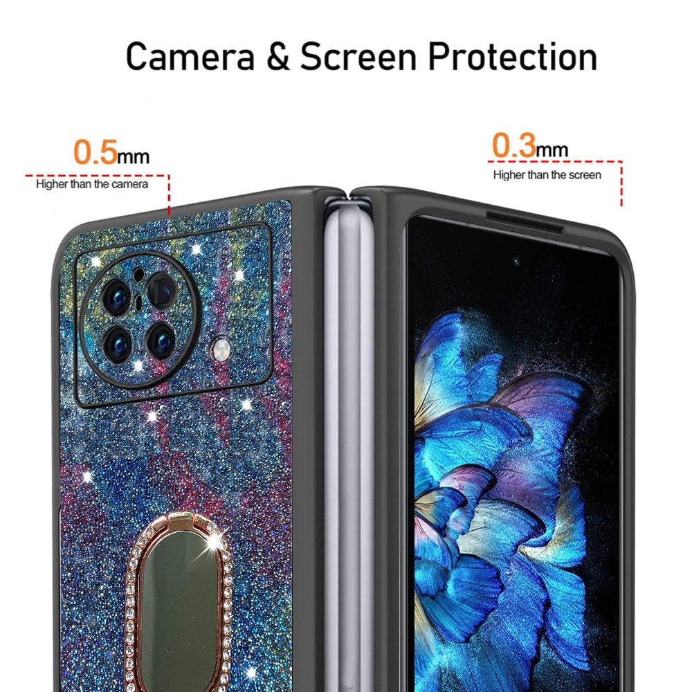 For vivo X Fold Rhinestone Decor Ring Kickstand Folding Phone Case TPU + PC Hybrid Cover - Baby Blue