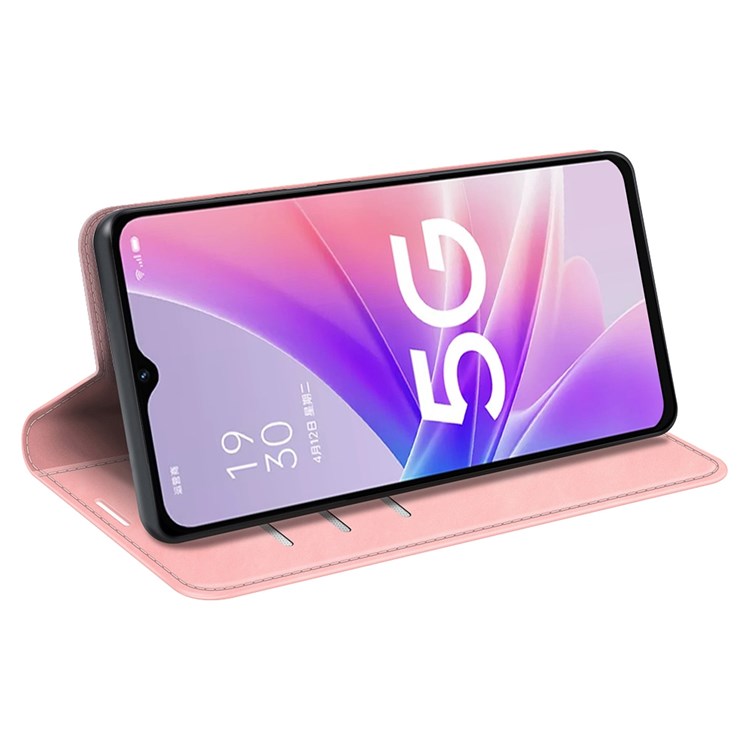 Skin-touch Feeling Phone Case for Oppo A57 (2022) 5G / A77 5G, PU Leather Magnetic Auto-absorbed Stand Wallet Protective Cover - Pink