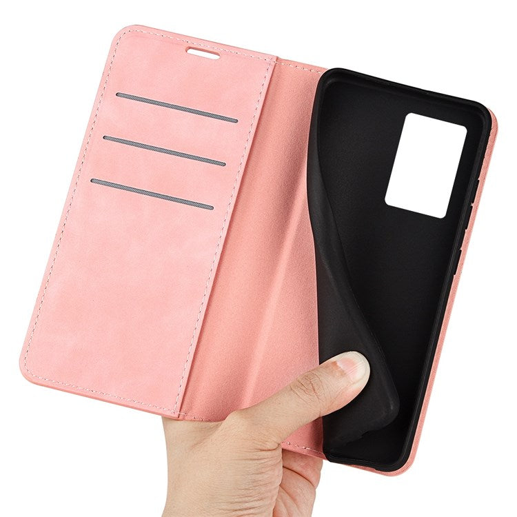 Skin-touch Feeling Phone Case for Oppo A57 (2022) 5G / A77 5G, PU Leather Magnetic Auto-absorbed Stand Wallet Protective Cover - Pink