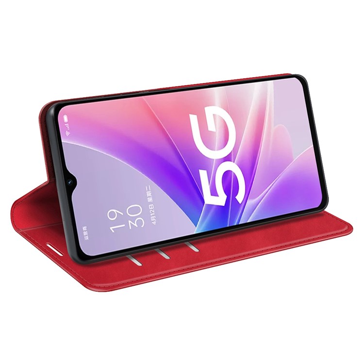 Skin-touch Feeling Phone Case for Oppo A57 (2022) 5G / A77 5G, PU Leather Magnetic Auto-absorbed Stand Wallet Protective Cover - Red
