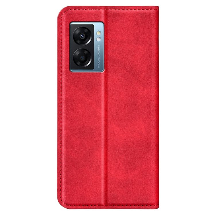 Skin-touch Feeling Phone Case for Oppo A57 (2022) 5G / A77 5G, PU Leather Magnetic Auto-absorbed Stand Wallet Protective Cover - Red