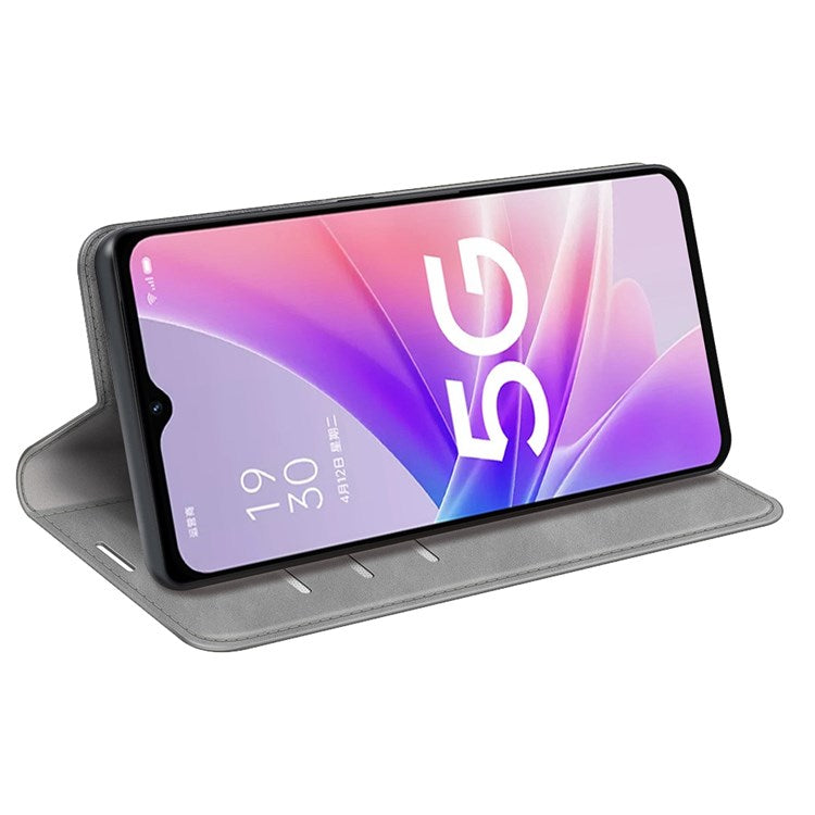 Skin-touch Feeling Phone Case for Oppo A57 (2022) 5G / A77 5G, PU Leather Magnetic Auto-absorbed Stand Wallet Protective Cover - Grey
