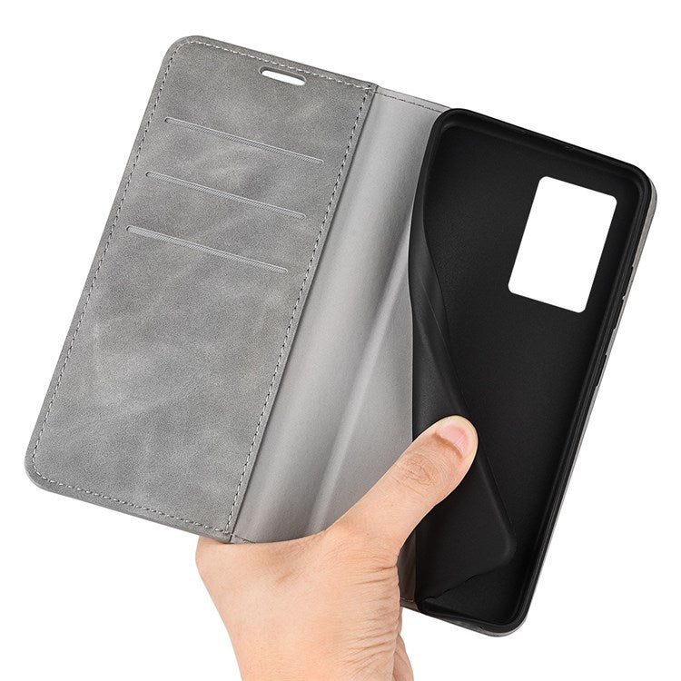 Skin-touch Feeling Phone Case for Oppo A57 (2022) 5G / A77 5G, PU Leather Magnetic Auto-absorbed Stand Wallet Protective Cover - Grey