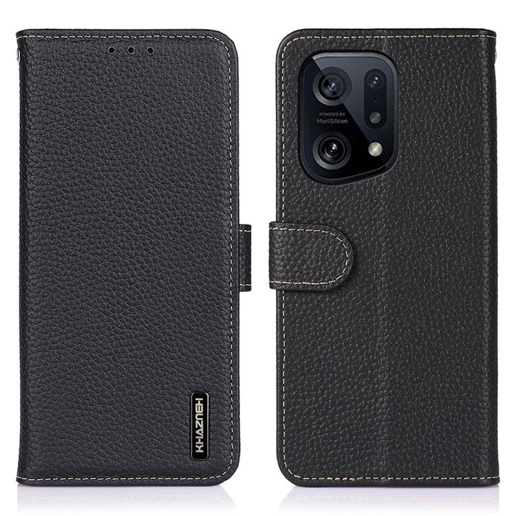 KHAZNEH Genuine Leather Wallet Phone Case for Oppo Find X5, Litchi Texture Viewing Stand Flip Magnetic Cover - Black