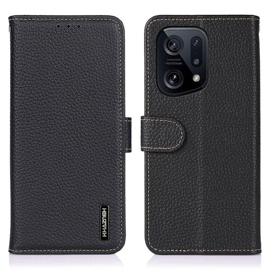 KHAZNEH Genuine Leather Wallet Phone Case for Oppo Find X5, Litchi Texture Viewing Stand Flip Magnetic Cover - Black