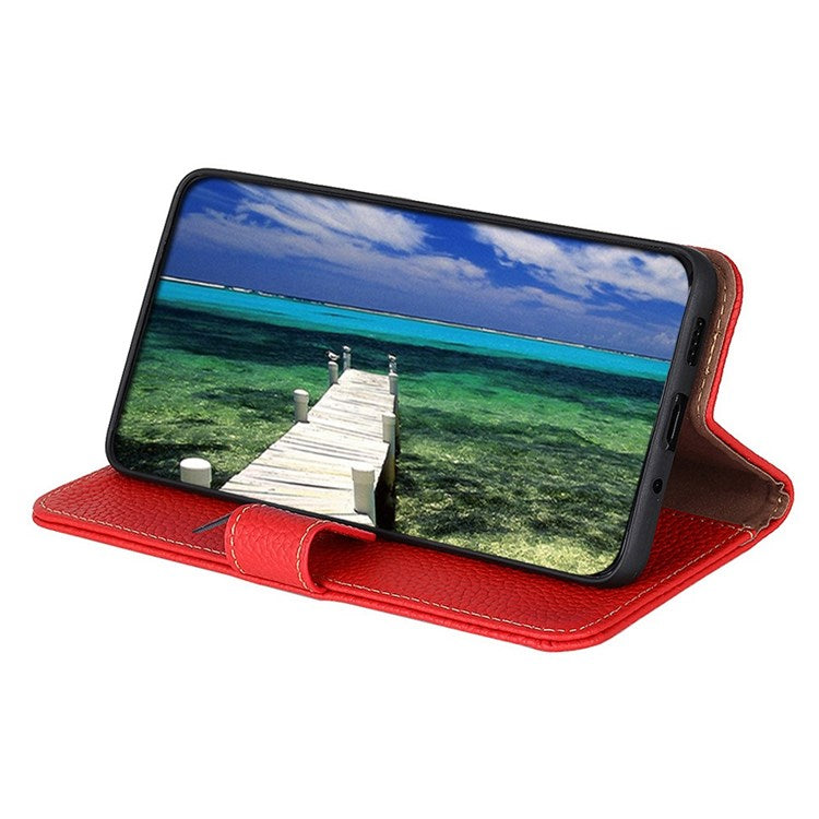 KHAZNEH Genuine Leather Wallet Phone Case for Oppo Find X5, Litchi Texture Viewing Stand Flip Magnetic Cover - Red