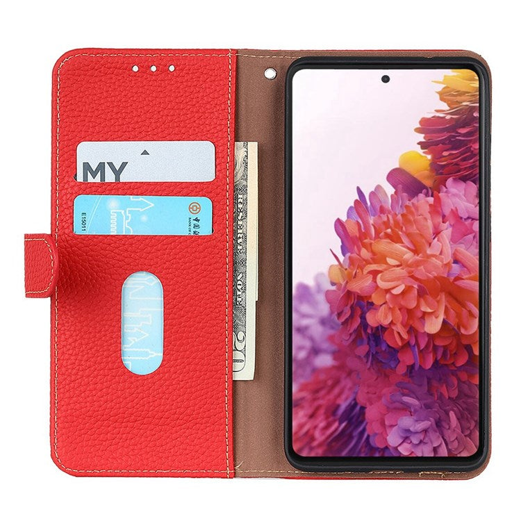 KHAZNEH Genuine Leather Wallet Phone Case for Oppo Find X5, Litchi Texture Viewing Stand Flip Magnetic Cover - Red