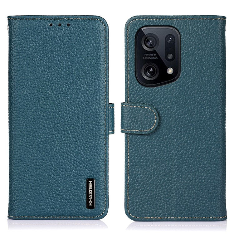 KHAZNEH Genuine Leather Wallet Phone Case for Oppo Find X5, Litchi Texture Viewing Stand Flip Magnetic Cover - Green