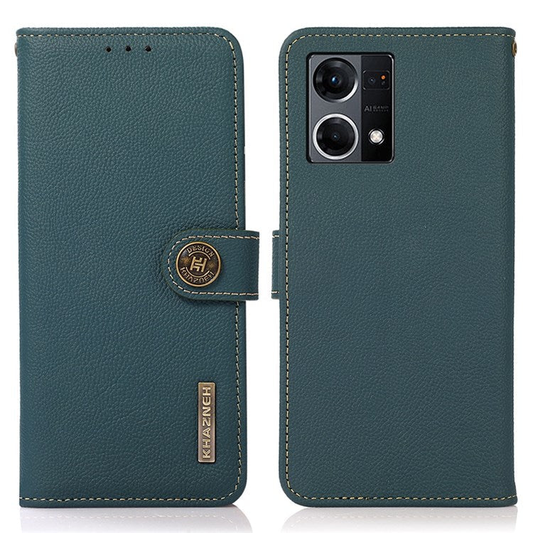 KHAZNEH for Oppo Reno7 4G/F21 Pro 4G Genuine Leather Magnetic Shock Absorbing Case RFID Blocking Folio Wallet Stand Full Protection Cover - Green