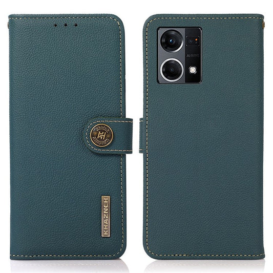 KHAZNEH for Oppo Reno7 4G/F21 Pro 4G Genuine Leather Magnetic Shock Absorbing Case RFID Blocking Folio Wallet Stand Full Protection Cover - Green