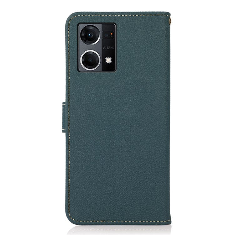 KHAZNEH for Oppo Reno7 4G/F21 Pro 4G Genuine Leather Magnetic Shock Absorbing Case RFID Blocking Folio Wallet Stand Full Protection Cover - Green