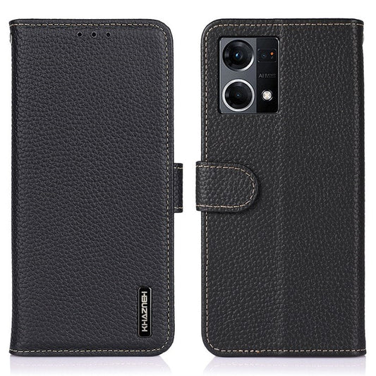 KHAZNEH for Oppo Reno7 4G/F21 Pro 4G Litchi Grain Genuine Leather Case Viewing Stand Wallet Flip Folio Cover - Black
