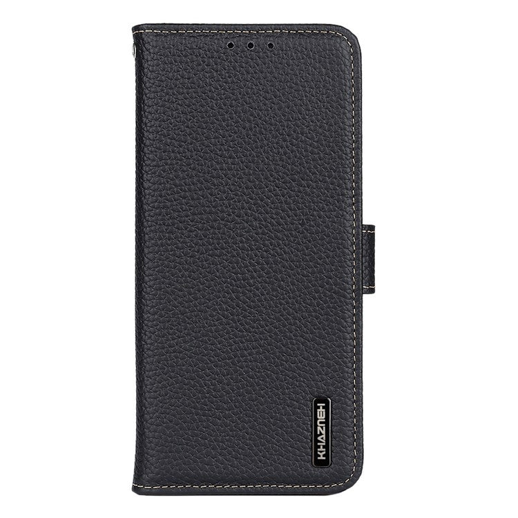 KHAZNEH for Oppo Reno7 4G/F21 Pro 4G Litchi Grain Genuine Leather Case Viewing Stand Wallet Flip Folio Cover - Black