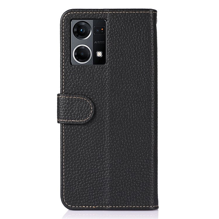 KHAZNEH for Oppo Reno7 4G/F21 Pro 4G Litchi Grain Genuine Leather Case Viewing Stand Wallet Flip Folio Cover - Black