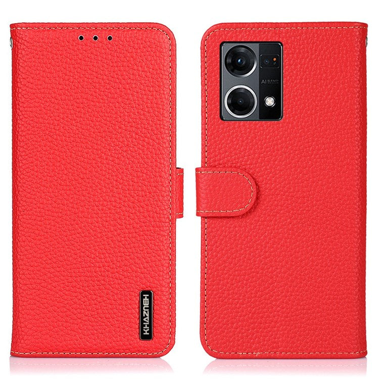 KHAZNEH for Oppo Reno7 4G/F21 Pro 4G Litchi Grain Genuine Leather Case Viewing Stand Wallet Flip Folio Cover - Red
