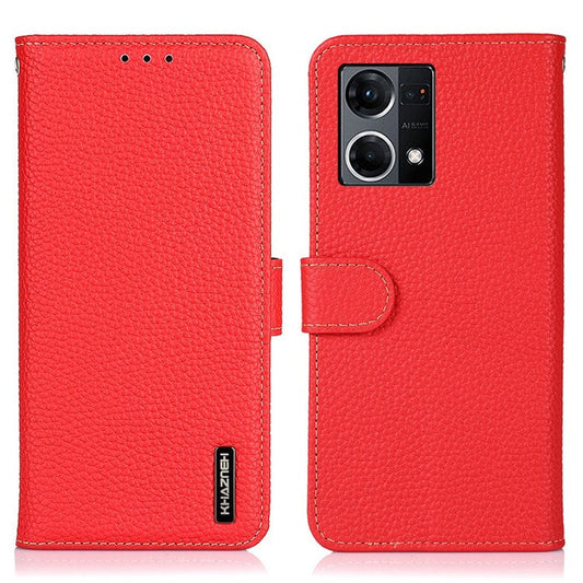 KHAZNEH for Oppo Reno7 4G/F21 Pro 4G Litchi Grain Genuine Leather Case Viewing Stand Wallet Flip Folio Cover - Red