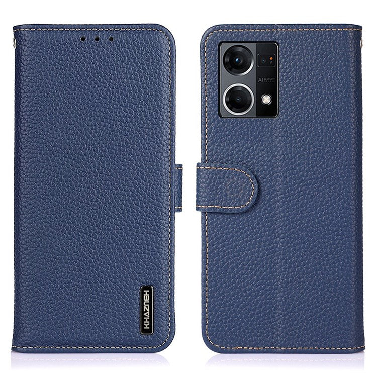 KHAZNEH for Oppo Reno7 4G/F21 Pro 4G Litchi Grain Genuine Leather Case Viewing Stand Wallet Flip Folio Cover - Blue