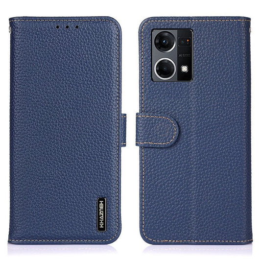 KHAZNEH for Oppo Reno7 4G/F21 Pro 4G Litchi Grain Genuine Leather Case Viewing Stand Wallet Flip Folio Cover - Blue