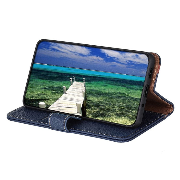 KHAZNEH for Oppo Reno7 4G/F21 Pro 4G Litchi Grain Genuine Leather Case Viewing Stand Wallet Flip Folio Cover - Blue