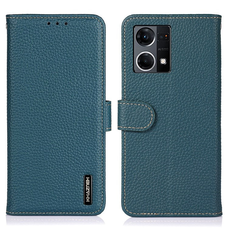 KHAZNEH for Oppo Reno7 4G/F21 Pro 4G Litchi Grain Genuine Leather Case Viewing Stand Wallet Flip Folio Cover - Green