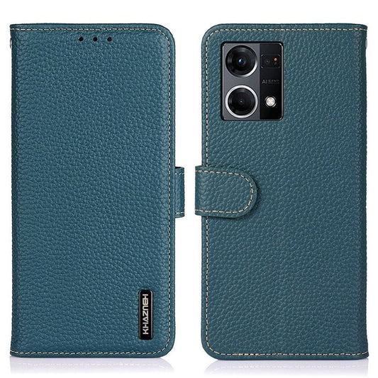 KHAZNEH for Oppo Reno7 4G/F21 Pro 4G Litchi Grain Genuine Leather Case Viewing Stand Wallet Flip Folio Cover - Green