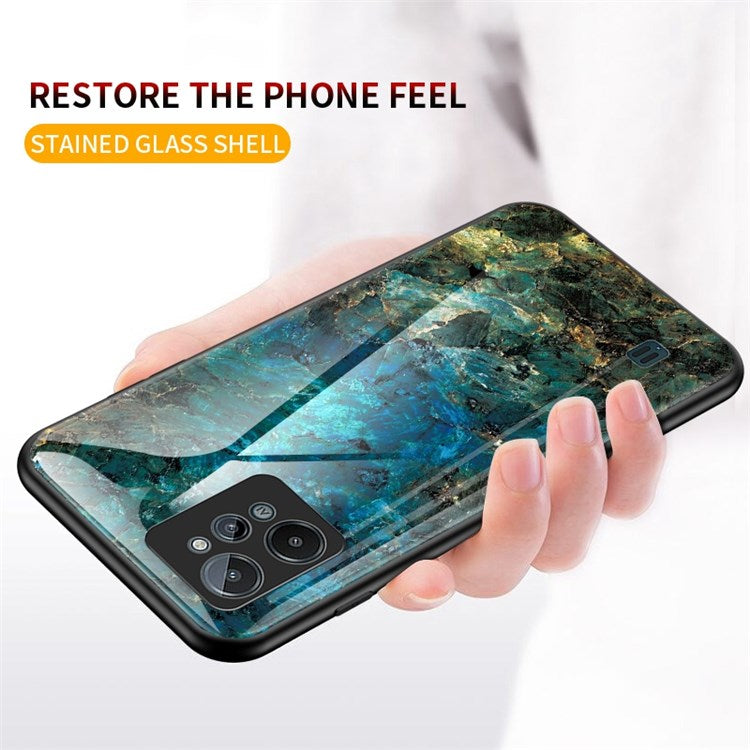 Marble Pattern Phone Case for Realme C31, Tempered Glass + PC + TPU Anti-scratch Protective Cover - Black Marble