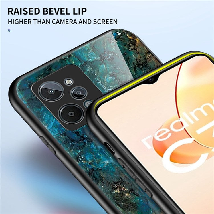 Marble Pattern Phone Case for Realme C31, Tempered Glass + PC + TPU Anti-scratch Protective Cover - Black Marble