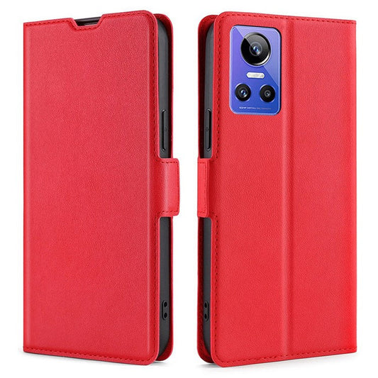 For Realme GT Neo3 PU Leather Case Card Slot Viewing Stand Magnetic Auto Closure Phone Cover - Red