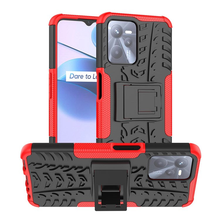 For Realme C35 Kickstand Phone Case Cool Tire Texture Anti-drop Hybrid TPU + PC Cover - Red