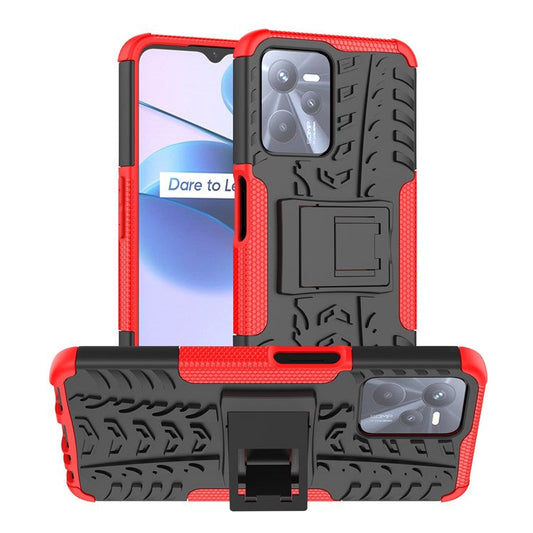 For Realme C35 Kickstand Phone Case Cool Tire Texture Anti-drop Hybrid TPU + PC Cover - Red