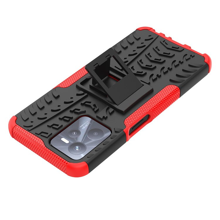 For Realme C35 Kickstand Phone Case Cool Tire Texture Anti-drop Hybrid TPU + PC Cover - Red