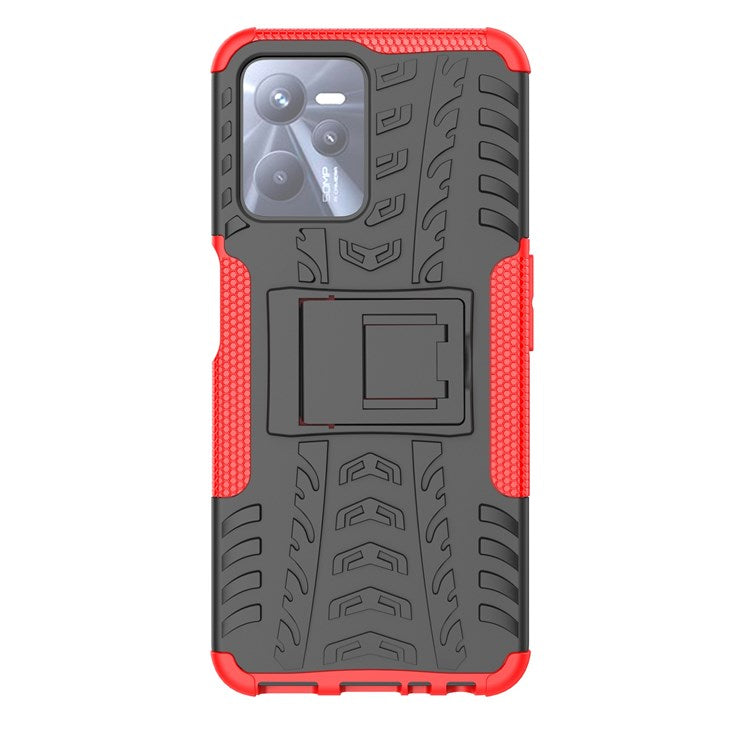 For Realme C35 Kickstand Phone Case Cool Tire Texture Anti-drop Hybrid TPU + PC Cover - Red