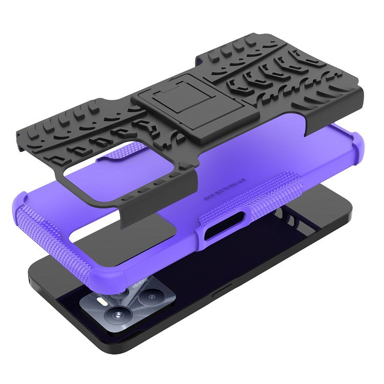 For Realme C35 Kickstand Phone Case Cool Tire Texture Anti-drop Hybrid TPU + PC Cover - Purple