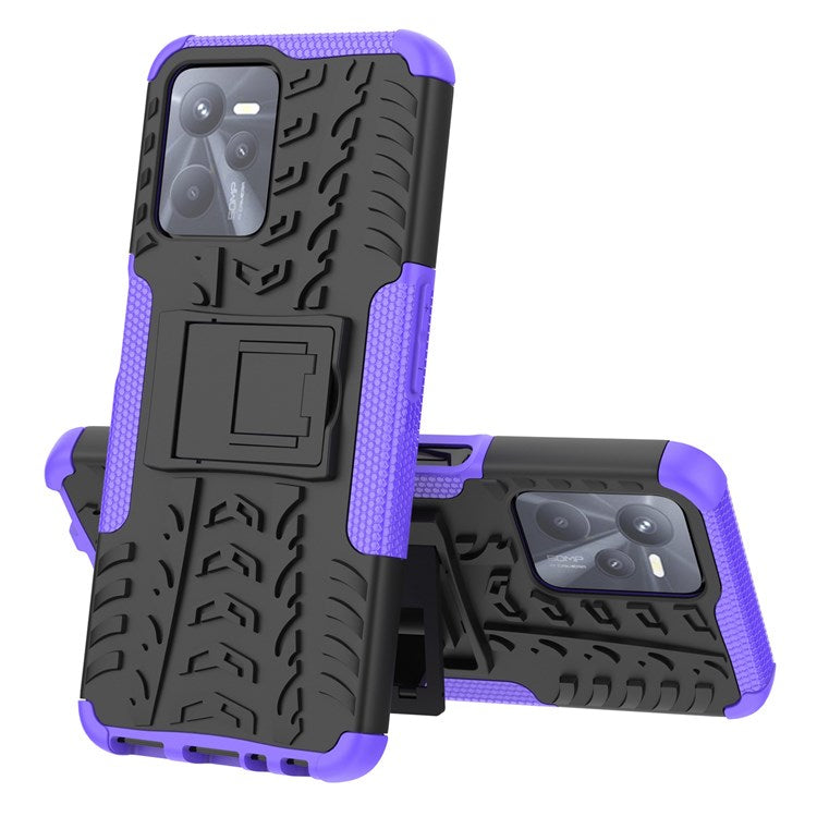 For Realme C35 Kickstand Phone Case Cool Tire Texture Anti-drop Hybrid TPU + PC Cover - Purple