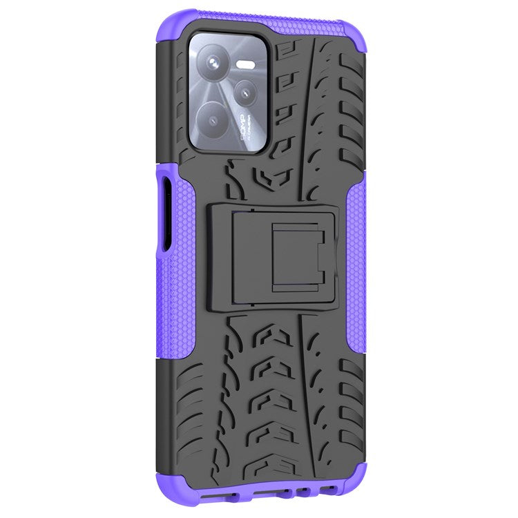 For Realme C35 Kickstand Phone Case Cool Tire Texture Anti-drop Hybrid TPU + PC Cover - Purple
