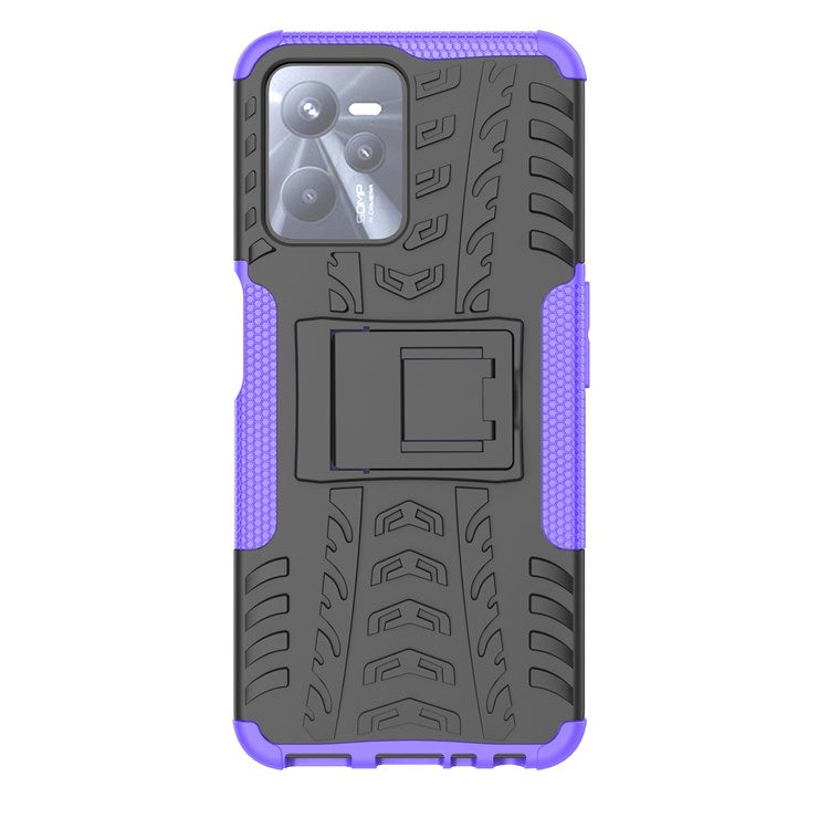 For Realme C35 Kickstand Phone Case Cool Tire Texture Anti-drop Hybrid TPU + PC Cover - Purple