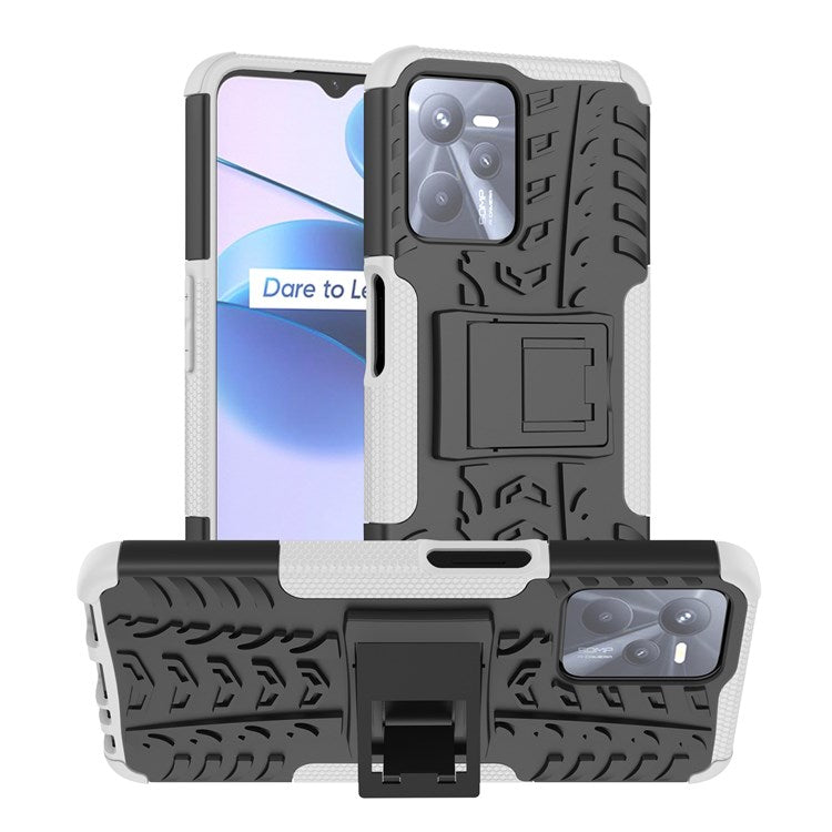 For Realme C35 Kickstand Phone Case Cool Tire Texture Anti-drop Hybrid TPU + PC Cover - White