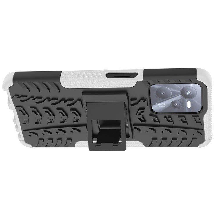 For Realme C35 Kickstand Phone Case Cool Tire Texture Anti-drop Hybrid TPU + PC Cover - White