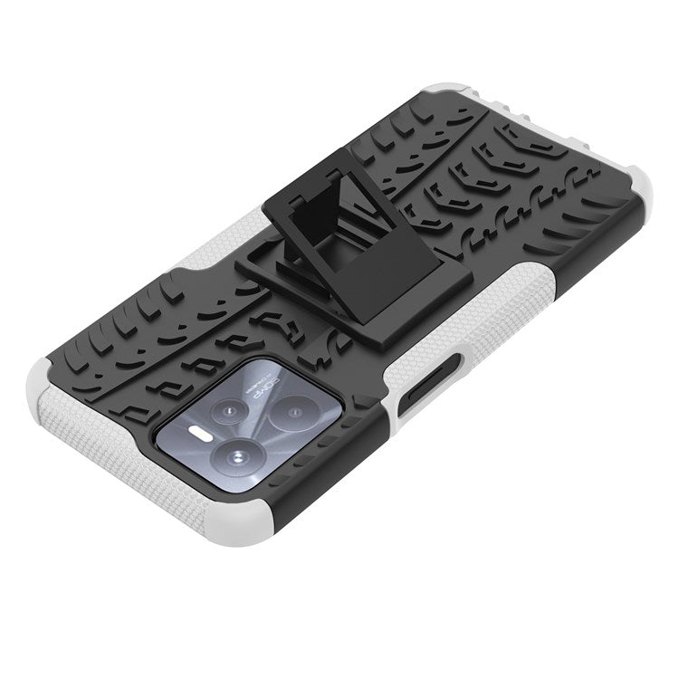 For Realme C35 Kickstand Phone Case Cool Tire Texture Anti-drop Hybrid TPU + PC Cover - White