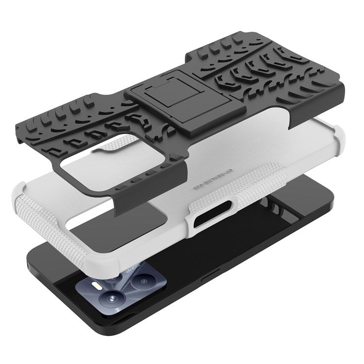For Realme C35 Kickstand Phone Case Cool Tire Texture Anti-drop Hybrid TPU + PC Cover - White