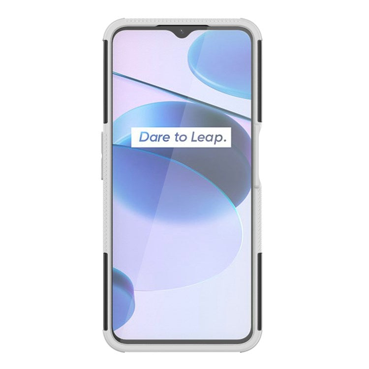For Realme C35 Kickstand Phone Case Cool Tire Texture Anti-drop Hybrid TPU + PC Cover - White