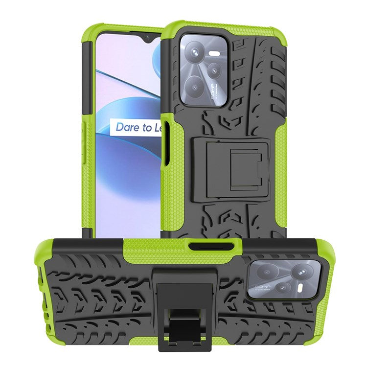 For Realme C35 Kickstand Phone Case Cool Tire Texture Anti-drop Hybrid TPU + PC Cover - Green