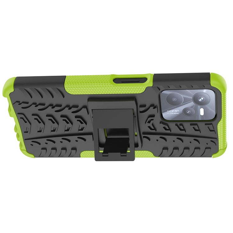 For Realme C35 Kickstand Phone Case Cool Tire Texture Anti-drop Hybrid TPU + PC Cover - Green