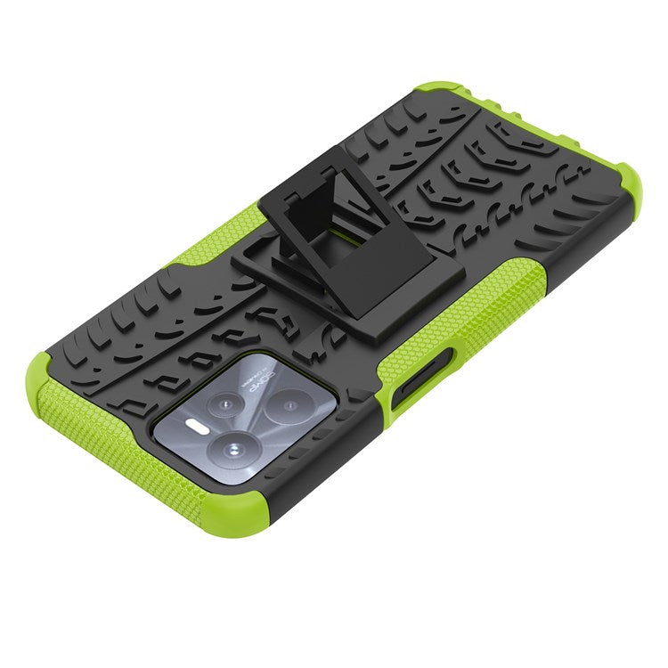 For Realme C35 Kickstand Phone Case Cool Tire Texture Anti-drop Hybrid TPU + PC Cover - Green